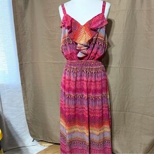 Faded Glory Pink Orange Patterned Ruffle Maxi Dress